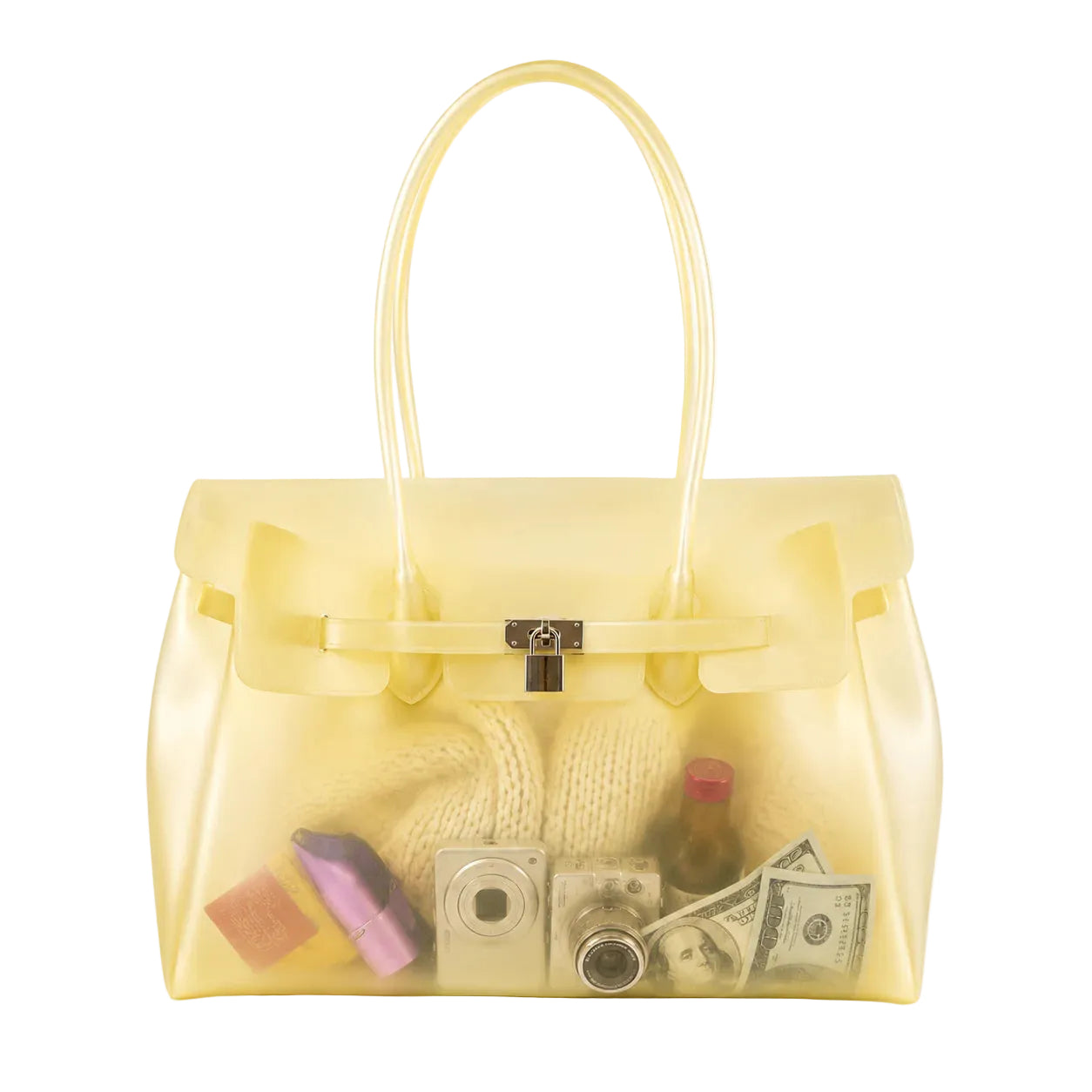 Clear yellow handbag with contents including a camera, money, and a sweater on a white background