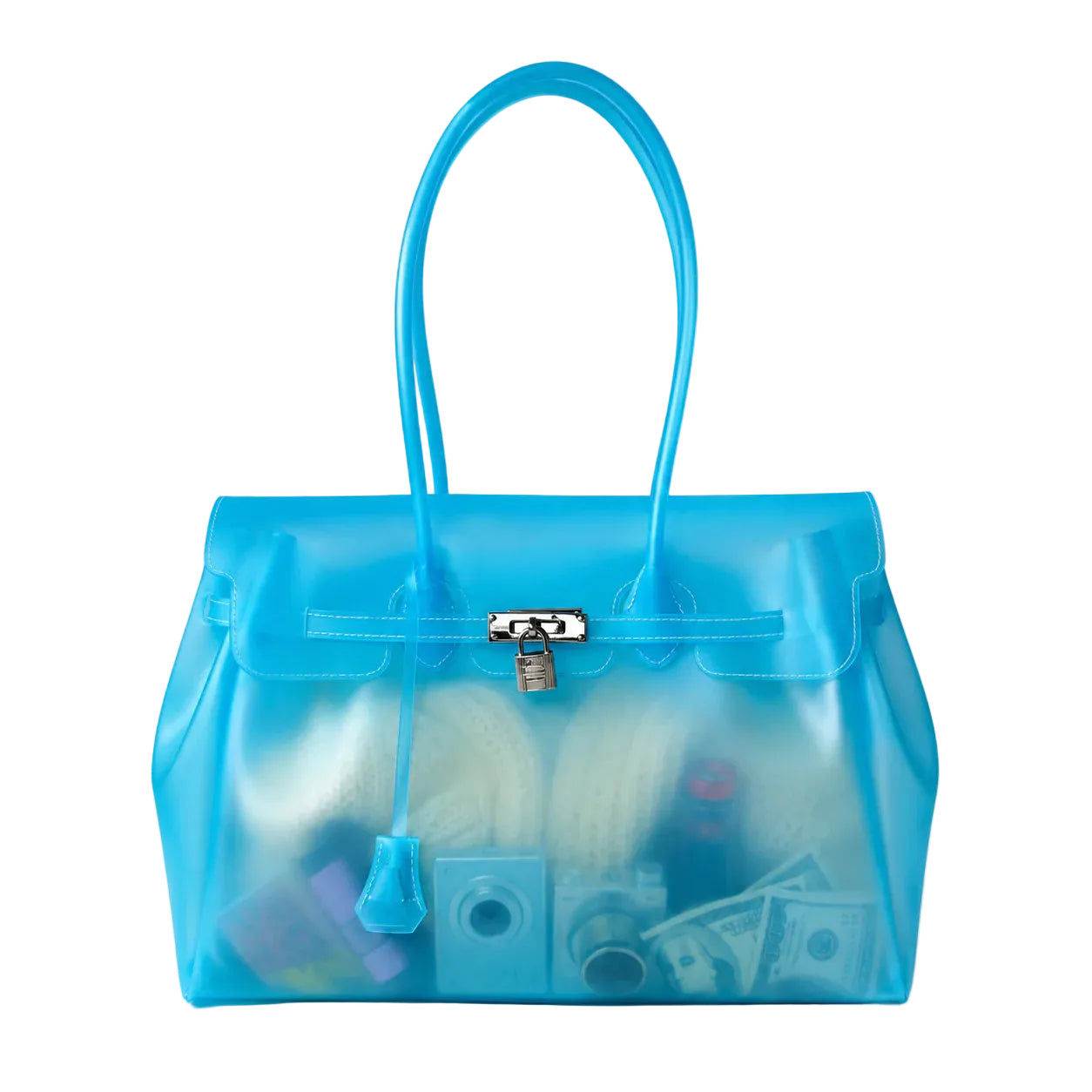 Blue transparent handbag with visible contents on a white background