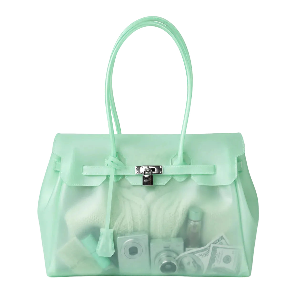 Mint green transparent handbag with visible contents on a white background